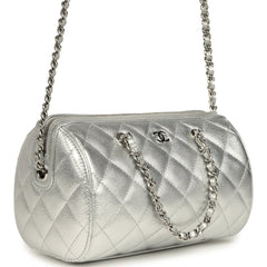 Chanel Mini Timeless Classic Barrel Bag with Chain Metallic Silver Shiny Caviar Silver Hardware