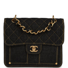 Chanel Double You Flap Backpack Black Denim Antique Gold Hardware