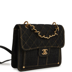 Chanel Double You Flap Backpack Black Denim Antique Gold Hardware