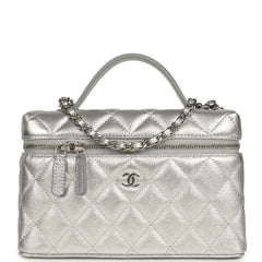 Chanel Top Handle Long Vanity Case with Chain Metallic Silver Shiny Caviar Silver Hardware