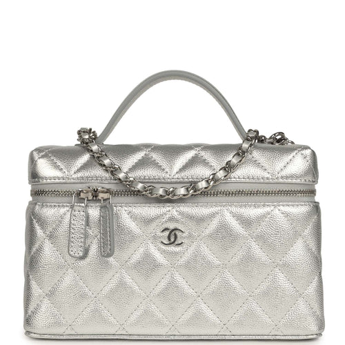 Chanel Top Handle Long Vanity Case with Chain Metallic Silver Shiny Caviar Silver Hardware