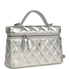 Chanel Top Handle Long Vanity Case with Chain Metallic Silver Shiny Caviar Silver Hardware