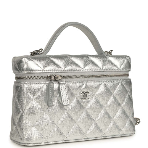 Chanel Top Handle Long Vanity Case with Chain Metallic Silver Shiny Caviar Silver Hardware