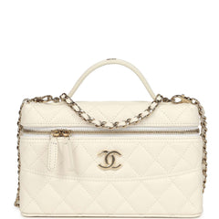 Chanel Trendy Top Handle Long Vanity Case with Chain White Caviar Light Gold Hardware