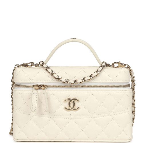 Chanel Trendy Top Handle Long Vanity Case with Chain White Caviar Light Gold Hardware
