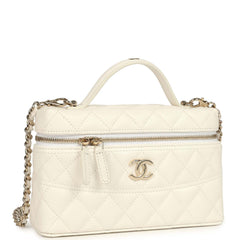 Chanel Trendy Top Handle Long Vanity Case with Chain White Caviar Light Gold Hardware
