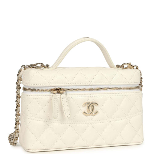 Chanel Trendy Top Handle Long Vanity Case with Chain White Caviar Light Gold Hardware