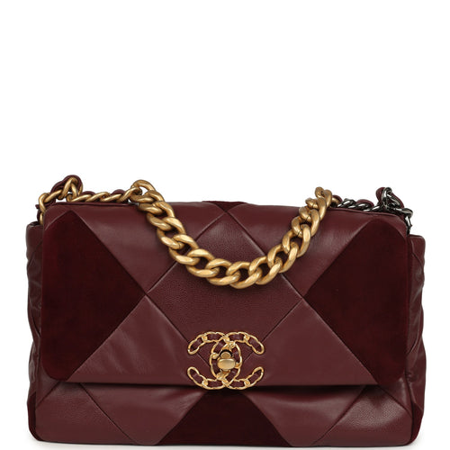 Chanel Medium 19 Flap Bag Burgundy Suede, Shiny Lambskin and Caviar Mixed Metal Hardware