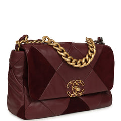 Chanel Medium 19 Flap Bag Burgundy Suede, Shiny Lambskin and Caviar Mixed Metal Hardware