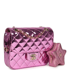 Pre-owned Chanel Mini Flap Bag and Star Coin Purse Pink Mirror Calfskin and Metallic Calfskin Light Gold Hardware