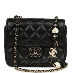 Pre-owned Chanel Heart Charms Mini Square Flap Bag Black Lambskin Enamel Light Gold Hardware
