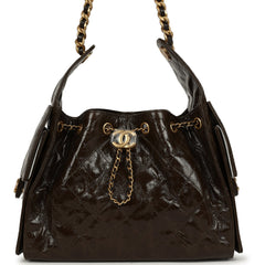 Chanel Small 25 Hobo Bag Khaki Shiny Aged Crumpled Calfskin Antique Gold Hardware