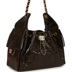 Chanel Small 25 Hobo Bag Khaki Shiny Aged Crumpled Calfskin Antique Gold Hardware