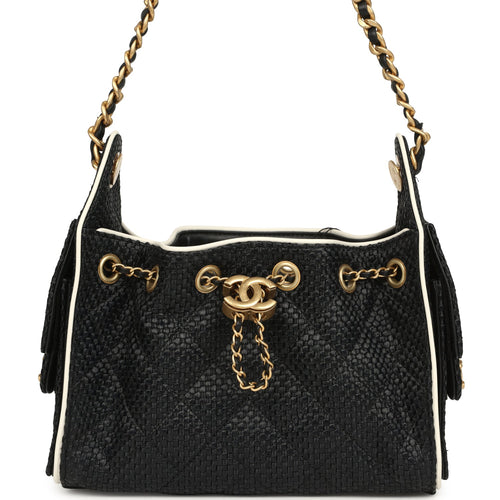 Chanel Mini 25 Hobo Bag Black Raffia and White Calfskin Antique Gold Hardware