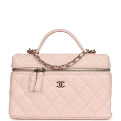 Chanel Top Handle Long Vanity Case with Chain Light Pink Shiny Caviar Light Gold Hardware