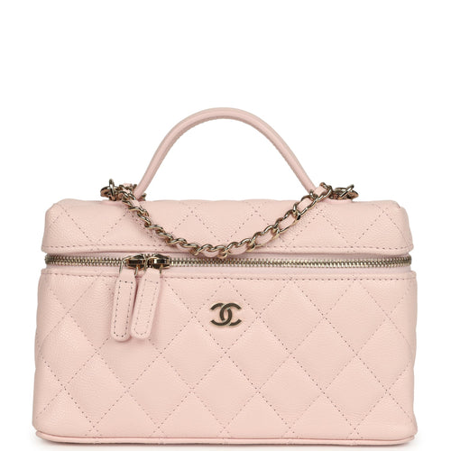 Chanel Top Handle Long Vanity Case with Chain Light Pink Shiny Caviar Light Gold Hardware