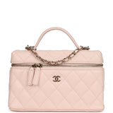 Chanel Top Handle Long Vanity Case with Chain Light Pink Shiny Caviar Light Gold Hardware - Thumbnail View 1