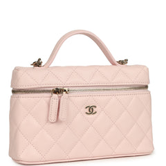 Chanel Top Handle Long Vanity Case with Chain Light Pink Shiny Caviar Light Gold Hardware