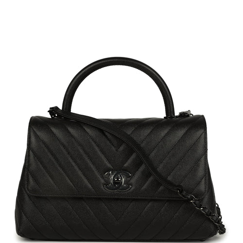Chanel Medium Chevron Coco Top Handle So Black Shiny Caviar Black Hardware
