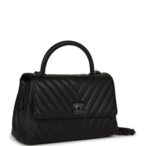 Chanel Medium Chevron Coco Top Handle So Black Shiny Caviar Black Hardware