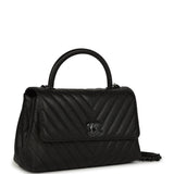 Chanel Medium Chevron Coco Top Handle So Black Shiny Caviar Black Hardware
