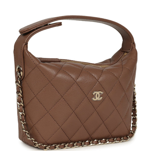 Chanel Mini Hobo Pouch with Chain Brown Shiny Caviar Light Gold Hardware