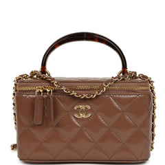 Chanel Small Tortoiseshell Top Handle Vanity Case Brown Shiny Lambskin Light Gold Hardware