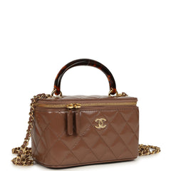 Chanel Small Tortoiseshell Top Handle Vanity Case Brown Shiny Lambskin Light Gold Hardware