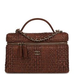 Chanel Top Handle Long Vanity Case with Chain Brown Braided Raffia Light Gold Hardware