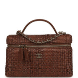 Chanel Top Handle Long Vanity Case with Chain Brown Braided Raffia Light Gold Hardware - Thumbnail View 1