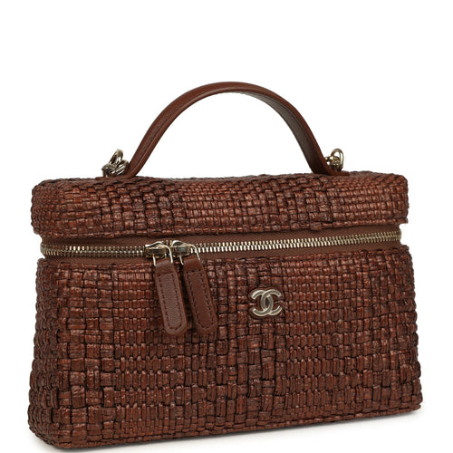 Chanel Top Handle Long Vanity Case with Chain Brown Braided Raffia Light Gold Hardware