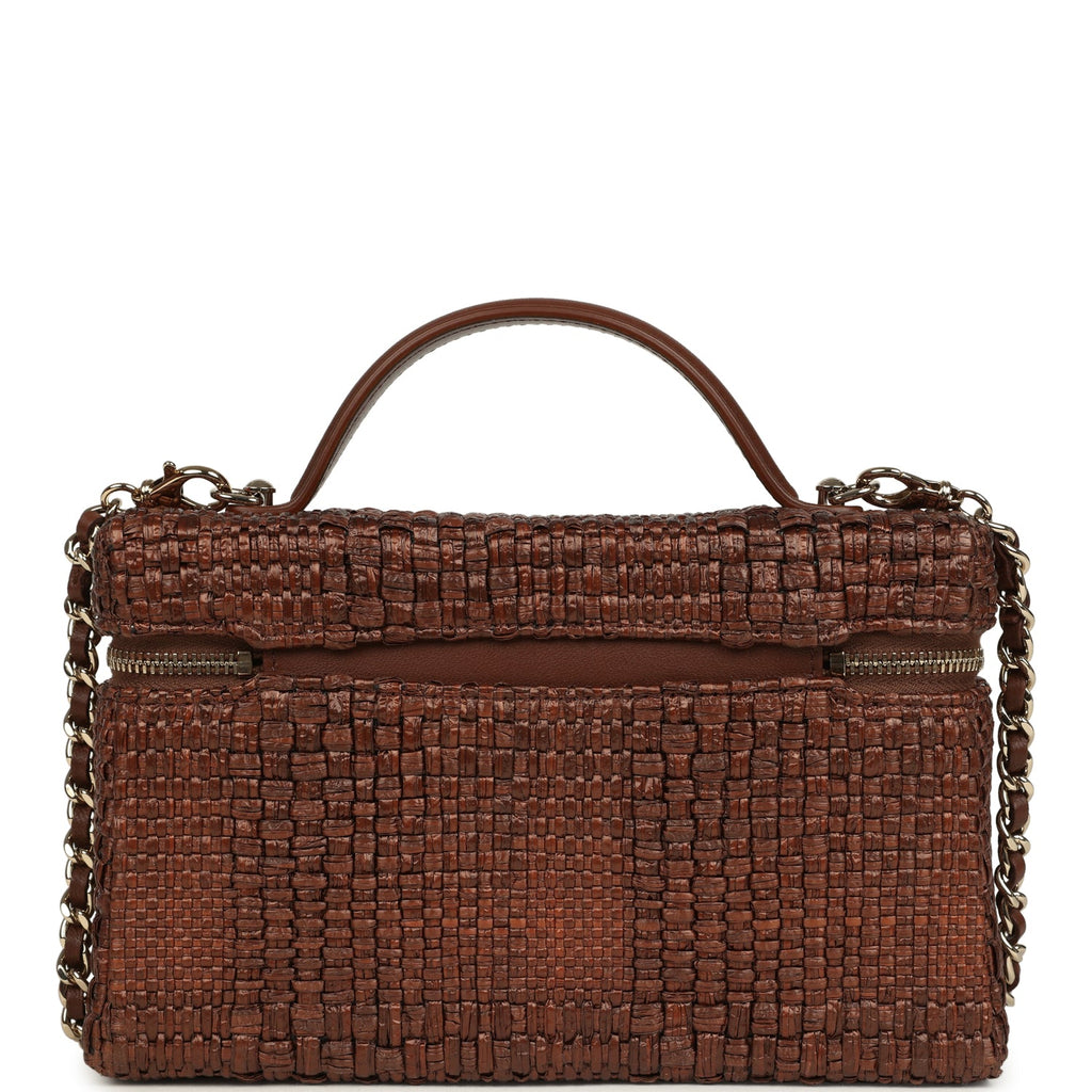 Chanel Top Handle Long Vanity Case with Chain Brown Braided Raffia Lig