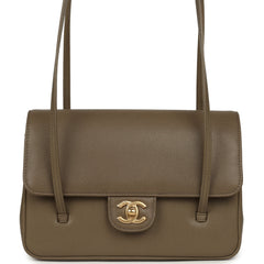 Chanel Small Preppy Coco Clutch with Straps Dark Khaki Shiny Caviar Brushed Gold Hardware