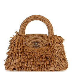 Chanel Small Fringe Kelly Dark Beige Raffia Wood and Light Gold Hardware