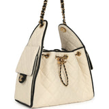 Chanel Small 25 Hobo Bag Ecru Canvas and Black Calfskin Gold Hardware