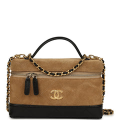 Chanel Coco Base Top Handle Long Vanity Case with Chain Brown Suede and Black Shiny Lambskin Antique Gold Hardware