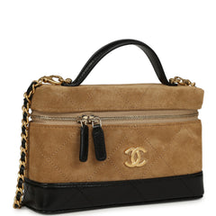 Chanel Coco Base Top Handle Long Vanity Case with Chain Brown Suede and Black Shiny Lambskin Antique Gold Hardware