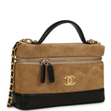 Chanel Coco Base Top Handle Long Vanity Case with Chain Brown Suede and Black Shiny Lambskin Antique Gold Hardware