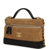 Chanel Coco Base Top Handle Long Vanity Case with Chain Brown Suede and Black Shiny Lambskin Antique Gold Hardware