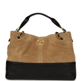 Chanel Small Coco Base Hobo Bag Brown Suede and Black Shiny Lambskin Brushed Gold Hardware