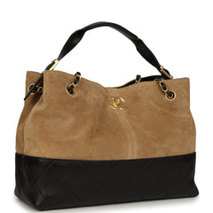 Chanel Small Coco Base Hobo Bag Brown Suede and Black Shiny Lambskin Brushed Gold Hardware