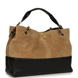 Chanel Small Coco Base Hobo Bag Brown Suede and Black Shiny Lambskin Brushed Gold Hardware