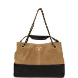 Chanel Small Coco Base Hobo Bag Brown Suede and Black Shiny Lambskin Brushed Gold Hardware