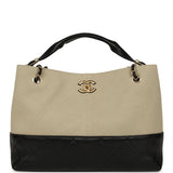 Chanel Small Coco Base Hobo Bag Beige Canvas and Black Shiny Lambskin Gold Hardware