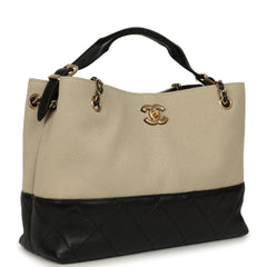 Chanel Small Coco Base Hobo Bag Beige Canvas and Black Shiny Lambskin Gold Hardware