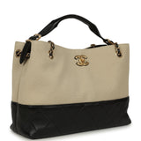 Chanel Small Coco Base Hobo Bag Beige Canvas and Black Shiny Lambskin Gold Hardware