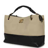 Chanel Small Coco Base Hobo Bag Beige Canvas and Black Shiny Lambskin Gold Hardware