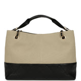 Chanel Small Coco Base Hobo Bag Beige Canvas and Black Shiny Lambskin Gold Hardware