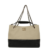 Chanel Small Coco Base Hobo Bag Beige Canvas and Black Shiny Lambskin Gold Hardware