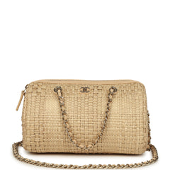 Chanel Mini Timeless Classic Barrel Bag with Chain Beige Braided Raffia Light Gold Hardware